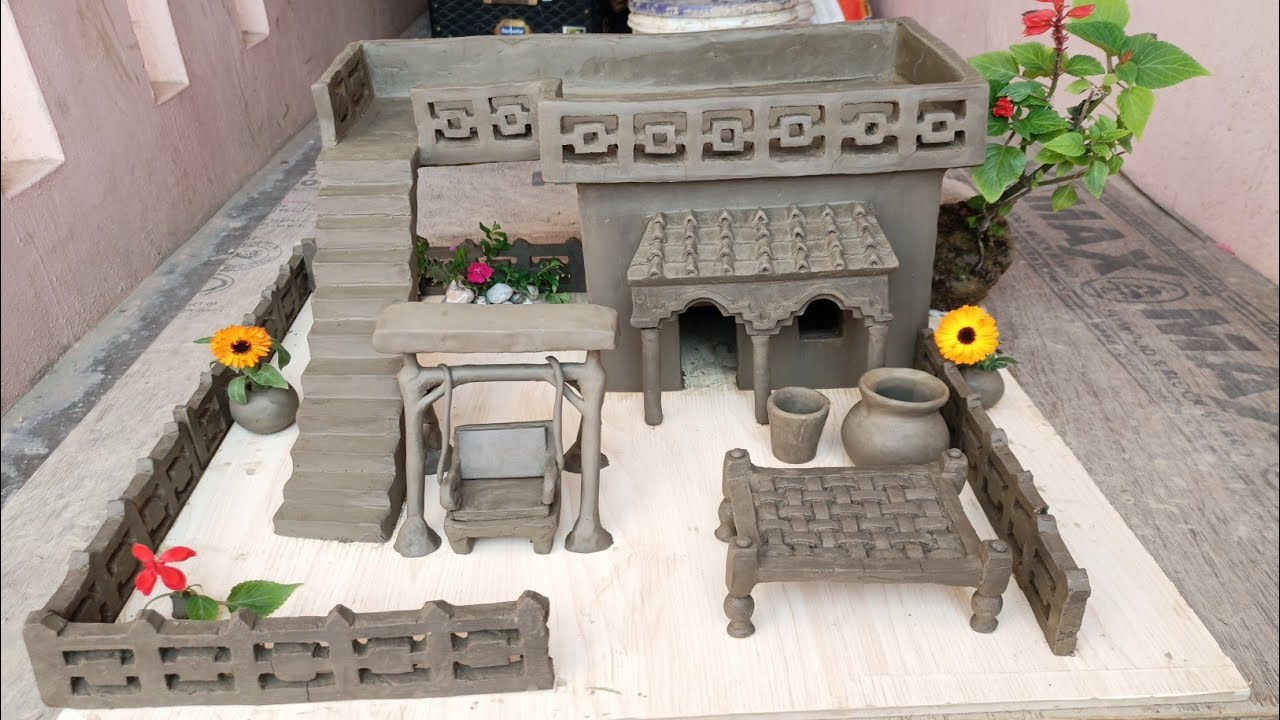 DIY Miniature House | How to make miniature clay house | kitchen set | swing | bed | tree | pitcher