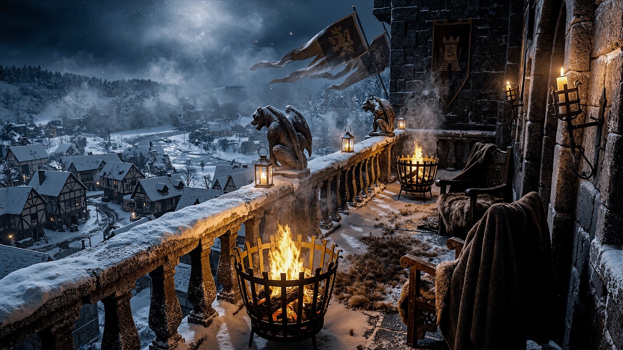 Relaxing Medieval Castle Balcony Ambience with Winter Snow, Crackling Fire & Wind sound | Deep Sleep