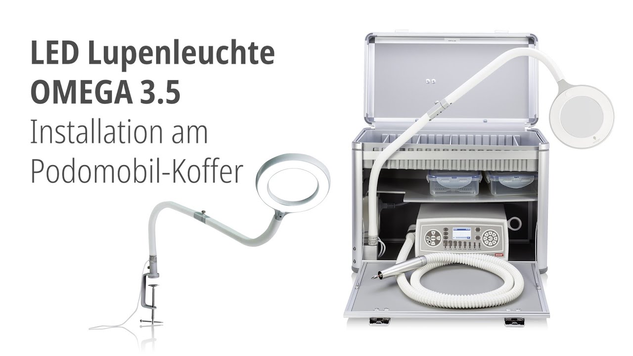 LED Lupenleuchte Omega 3.5 Installation an einem Podomobil-Koffer