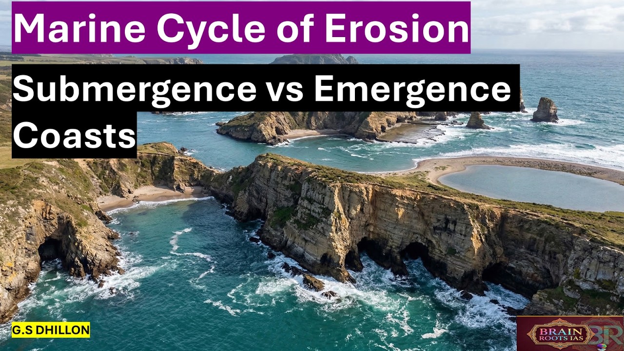 L105: Marine Cycle of Erosion | Submergence vs Emergence Coasts || UPSC Geography