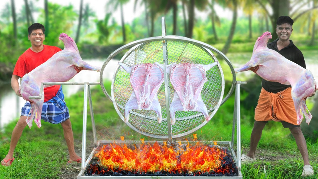GYROSCOPE MUTTON GRILL | Cooking Whole Goat In Gyroscope Grill | Village Cooking