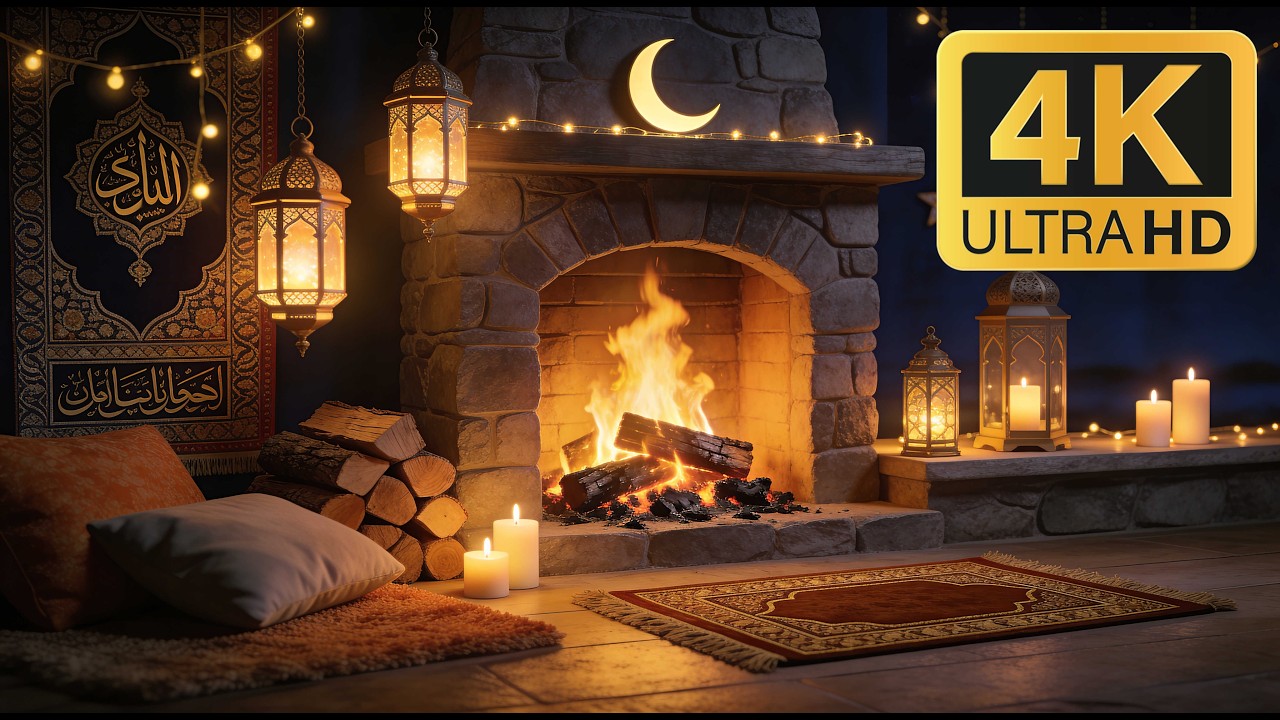12H Ramadan Night Fireplace 4K 🌙 Lantern Light & Peaceful Crackling Fire (No Music)