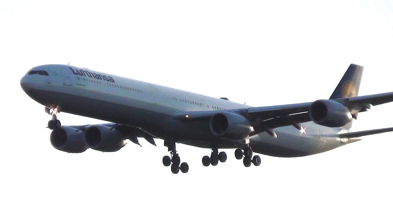 Lufthansa Airbus A340-600 (D-AIHX) landing at FRA/EDDF (Frankfurt - am Main) RWY 25L