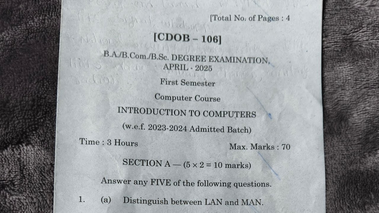 andhra University distance UG introduction to computers April 2025 previous exam paper BA/BCOM/BSc 