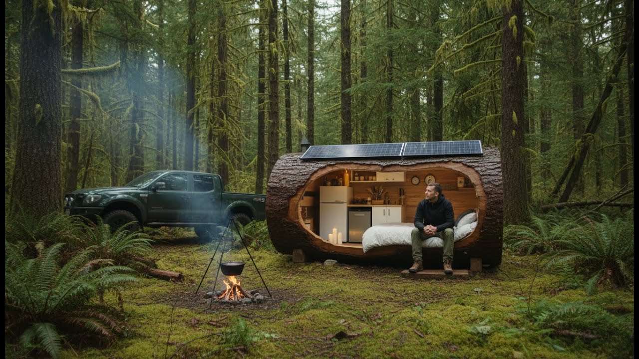 Building a Secret Forest Garage (ASMR) - Man builds a modern car-home inside a tree trunk solo