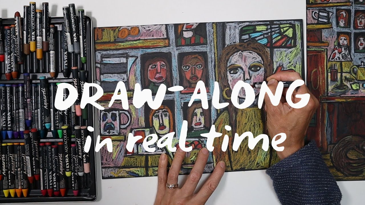 Draw-a-long with me! | water soluble crayons on black paper | folk art portrait