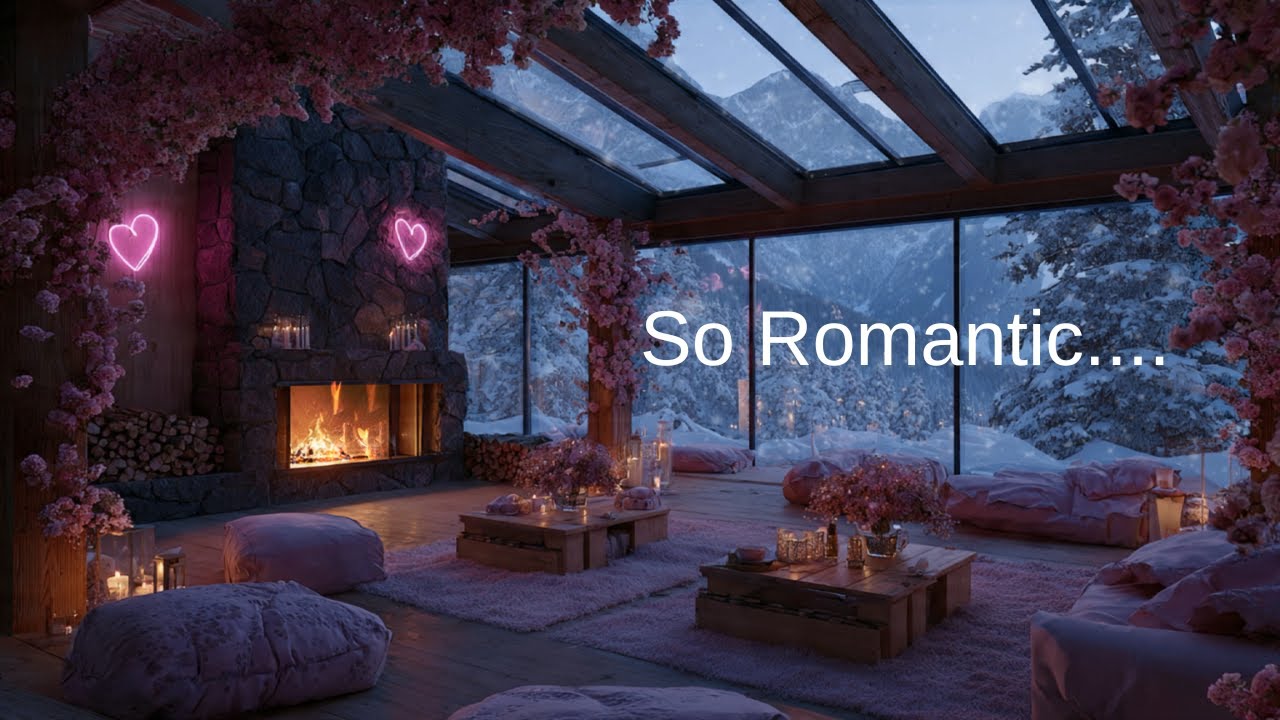 Snowy Valentine Cabin 💕❄️ Fireplace Glow, Falling Snow & Calm Piano Ambience for Cozy Nights