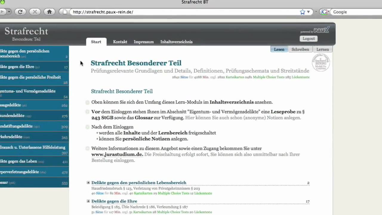 2/4 Inhalts&uuml;bersichten Juristisches Repetitorium Hemmer iLearning StGB Besonderer Teil (Strafrecht)