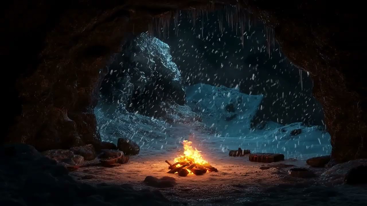 Snowstorm Winds Beyond the Cave | Fire Crackling Inside for a Peaceful Night