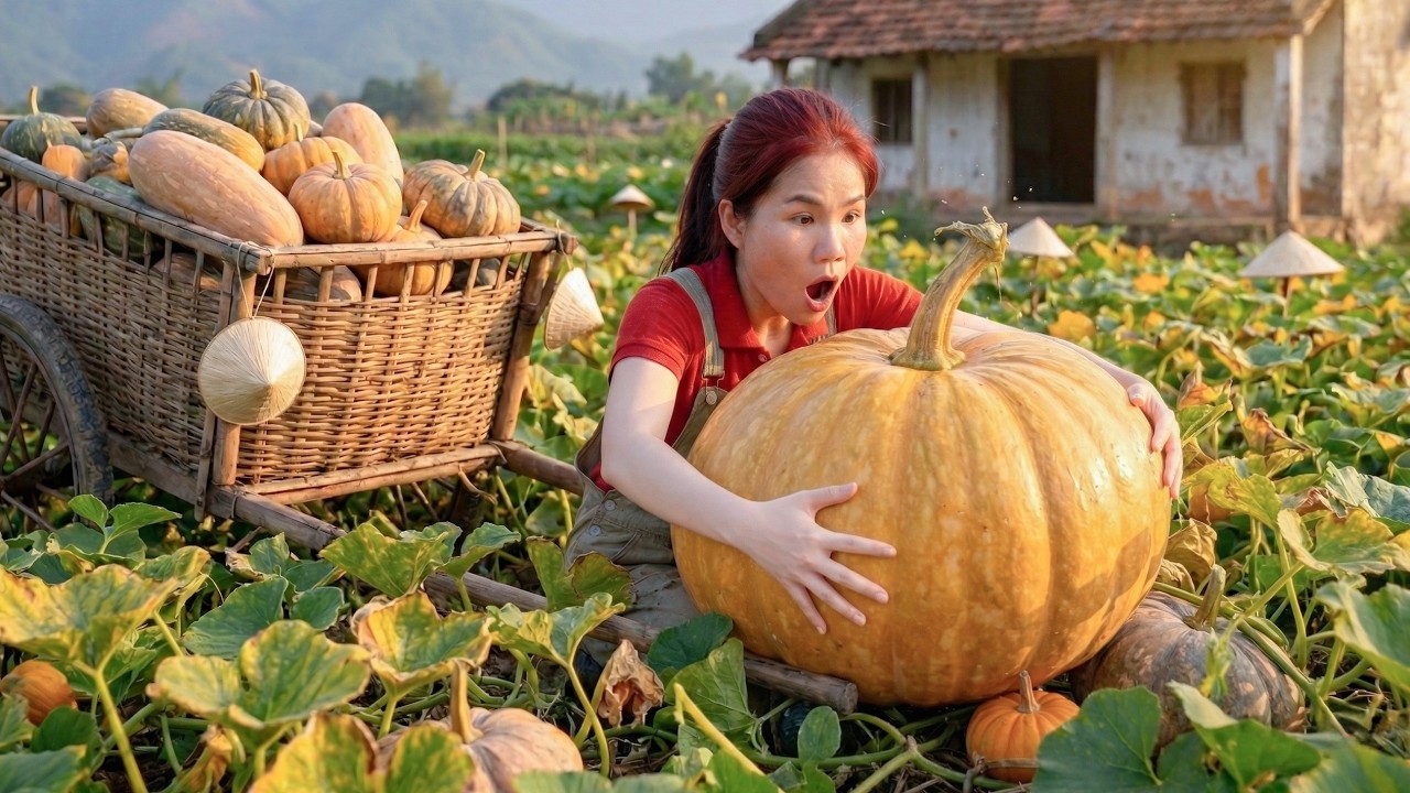 Harvesting +1000 pumpkins and unusual red jackfruit to the market to sell - cook pumpkin porridge