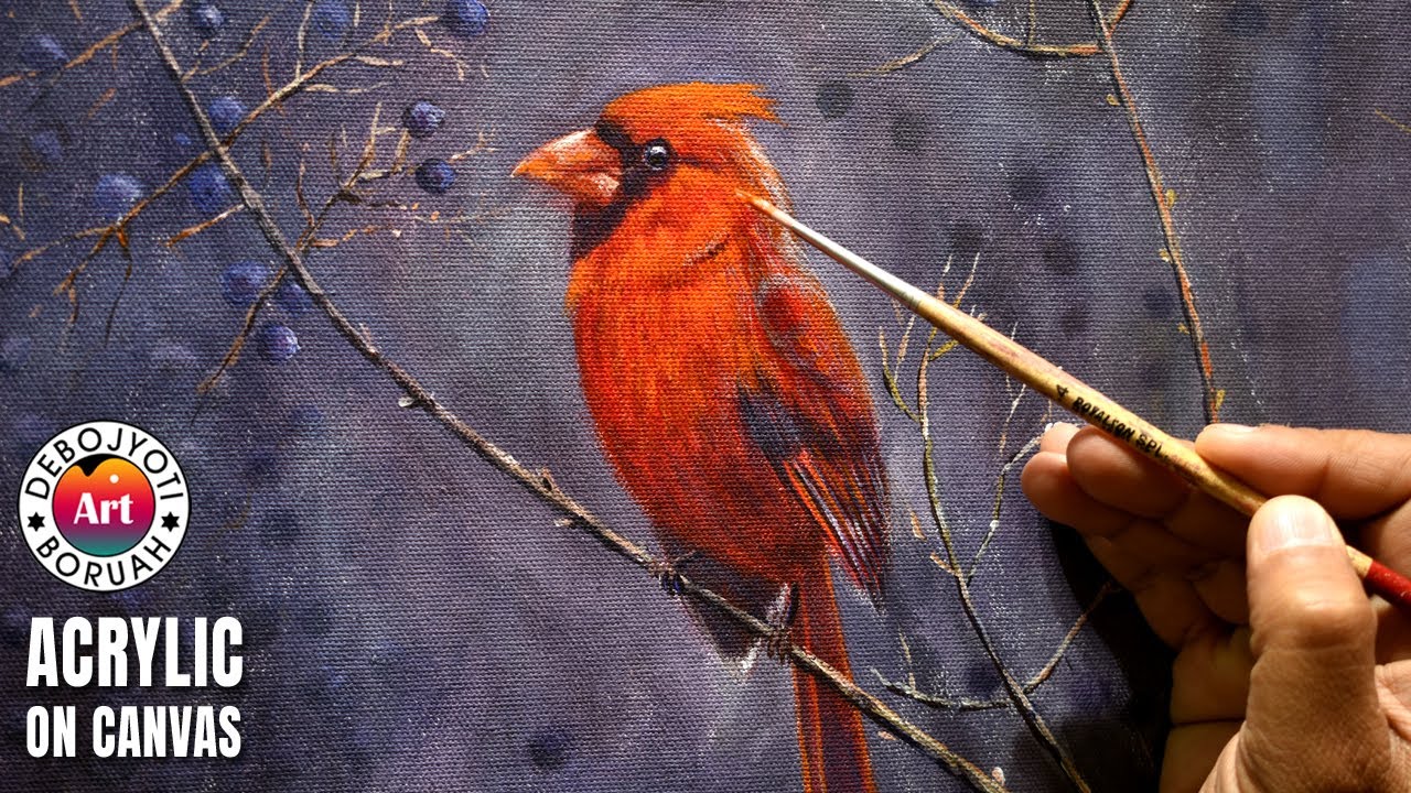 HOW TO PAINT A RED BIRD IN ACRYLIC ON CANVAS | THE NORTHERN CARDINAL PAINTING BY DEBOJYOTI BORUAH