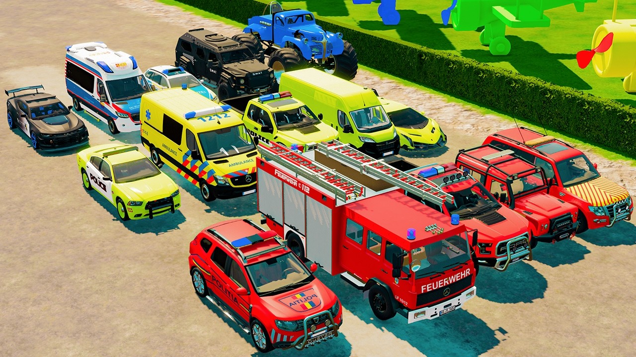 TRANSPORTING CARS, AMBULANCE, POLICE CARS, FIRE TRUCK OF COLORS! WITH TRUCKS! - FS 22