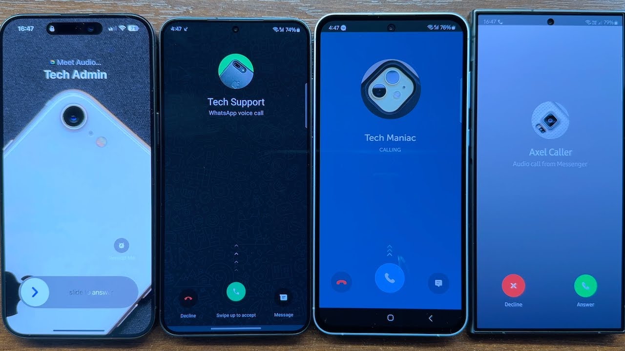 iPhone 15PM, Samsung S24+, Samsung A55, Samsung S24U Meet, WhatsApp, BIP, Facebook Incoming Call