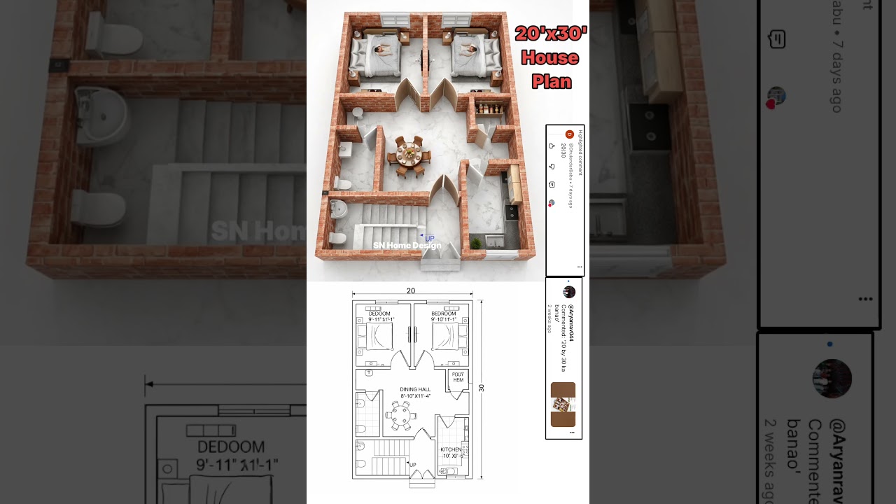 “20x30 House Plan | 2 Bedroom Home Design with Kitchen, Dining & Puja Room | 