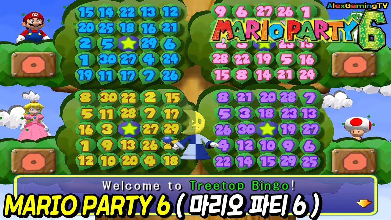 MARIO PARTY 6 Treetop Bingo (Very Hard Com ) Mario vs Peach vs Yoshi vs Toad | AlexGamingTV