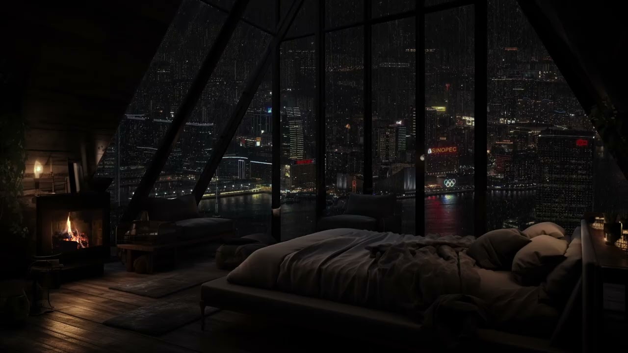 Rainy Night in the City – Warm Room and Fireplace Ambience for Peaceful Sleep
