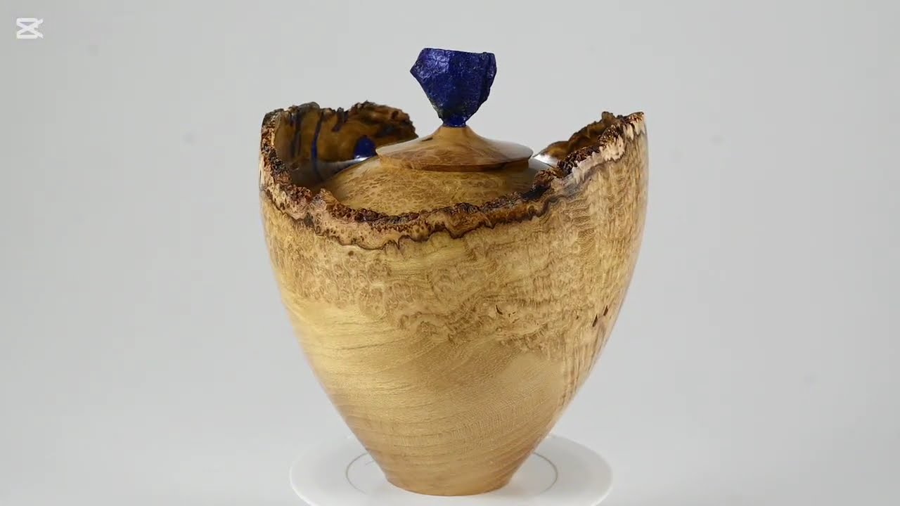 Small handmade Black Locust Burl Urn with Blue mineral and gold inlay and a Lapis Lazuli lid