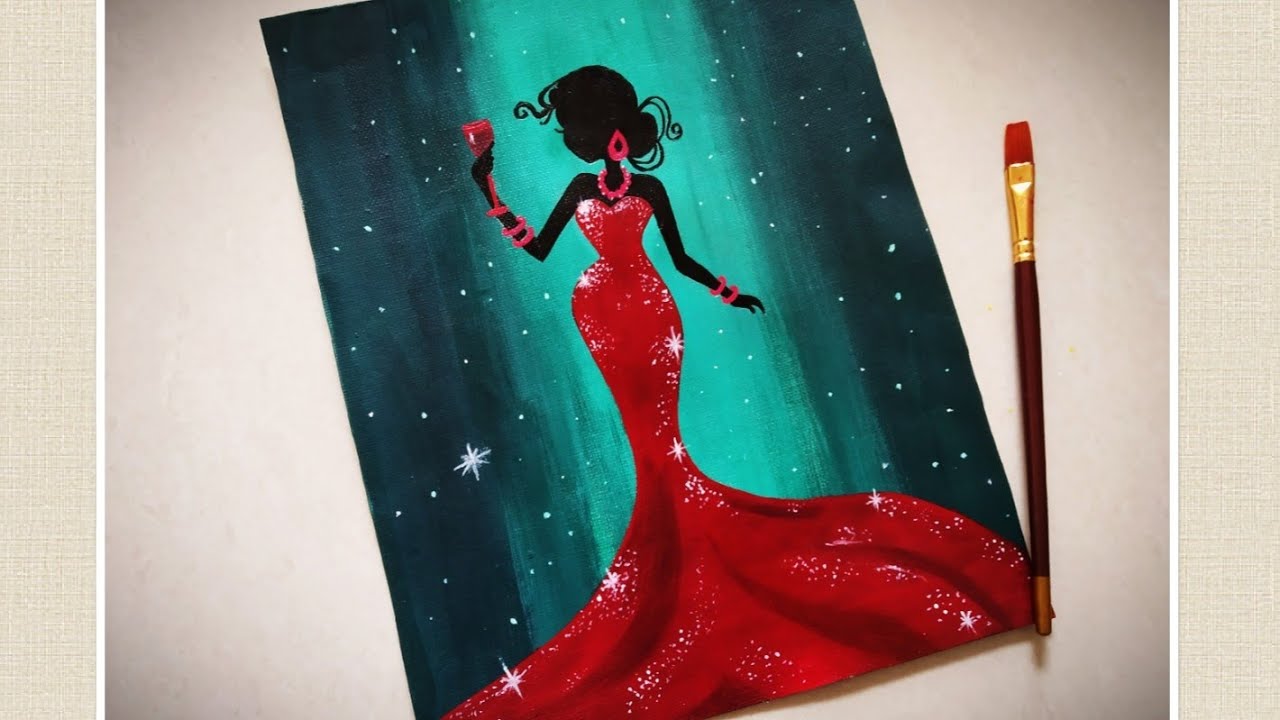 Lady in Red Dress Painting tutorial for beginners ||Wine glass painting|| woman in Party Painting