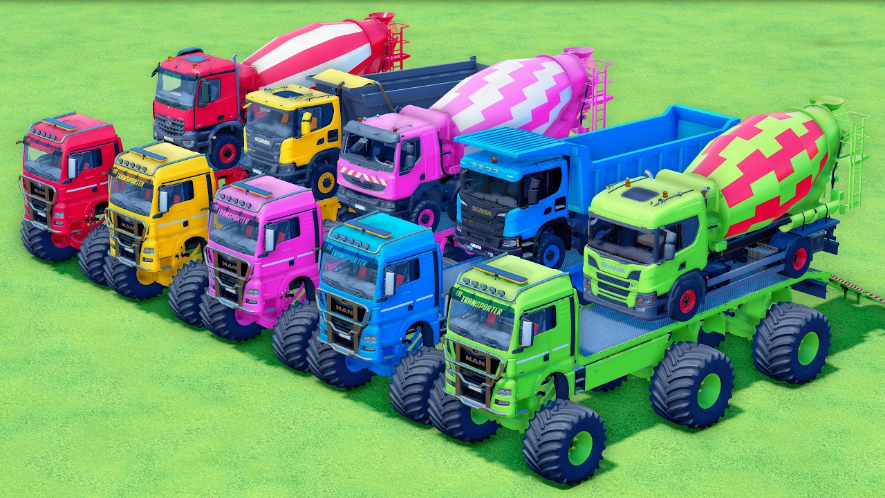 MONSTER FLATBED TRUCK LONG CONVOY TRANSPORT OF COLORS! ALL  MIXER TRUCKS, MERCEDES, SCANIA - FS25
