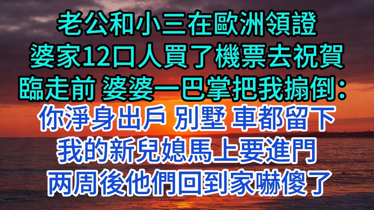 老公和小三在歐洲領證，婆家12口人買了機票去祝賀，臨走前 婆婆一巴掌把我搧倒：你淨身出戶 別墅 車都留下，我的新兒媳馬上要進門。 2周後他們回到家嚇傻了！#情感故事#故事#小說#情感#婚姻