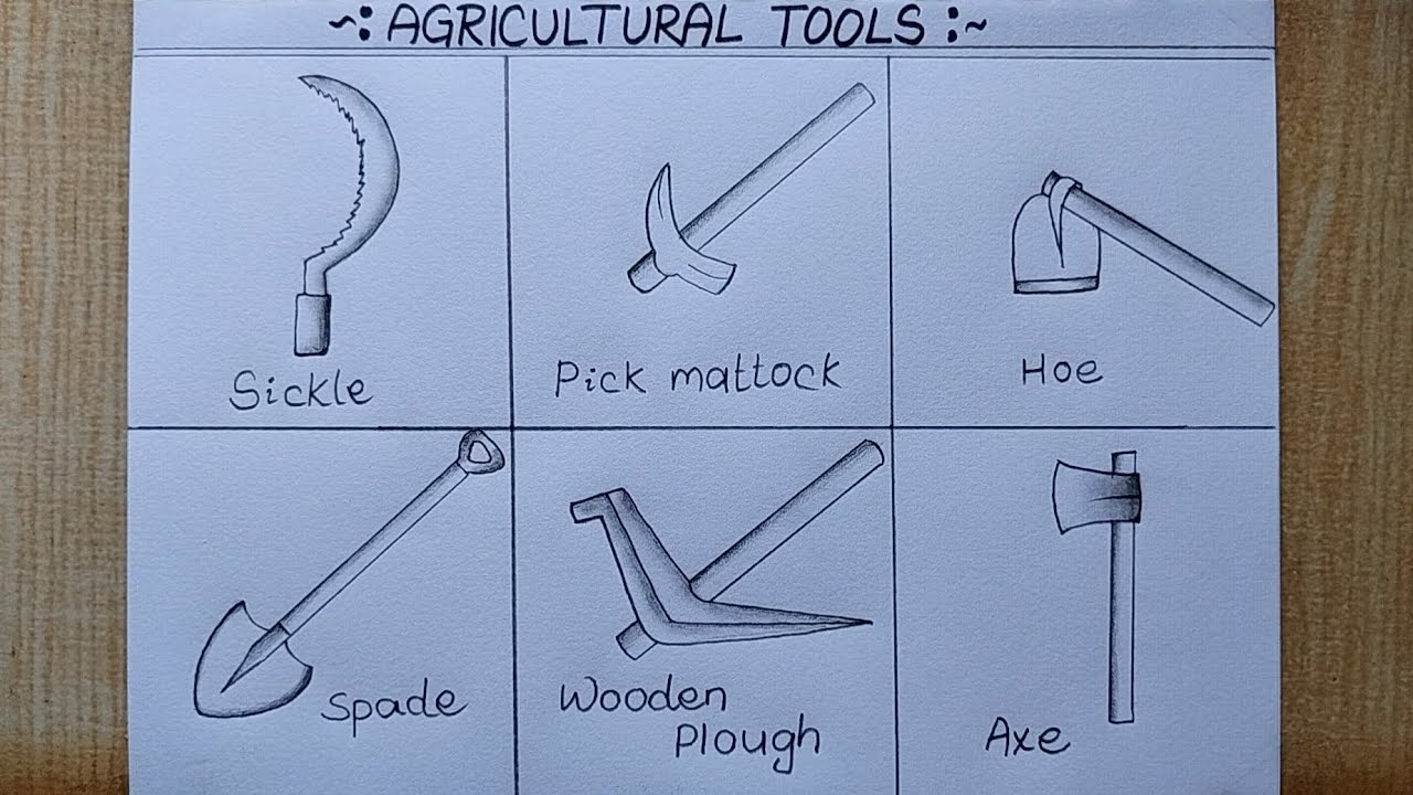 6 Different types of Agricultural Tools drawing| Farm tools drawing step by step| Easy drawing