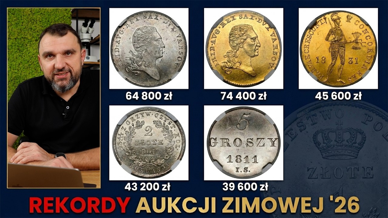Aukcja Zimowa 2026 – Najdroższe monety: Dukat 74 400 zł, Talar 64 800 zł, 5 Groszy KW 39 600 zł