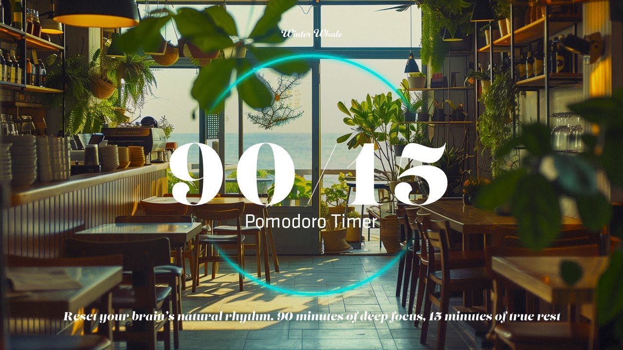 90/15 Pomodoro Timer &ndash; Quiet Seaside Cafe Ambience | Study with Ultradian Rhythm