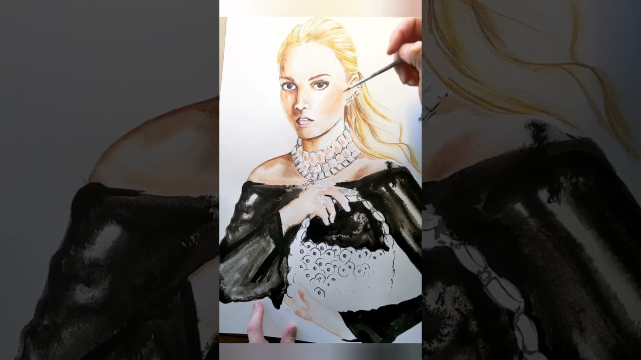 ASMR watercolour portrait painting process of Marina Raphael by Leona Beth Art editorial commission