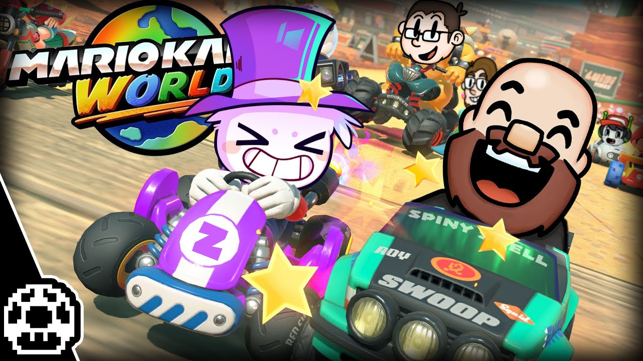 Buben fahren in sehr überschauberer Geschwindigkeit durch Mario Kart World.