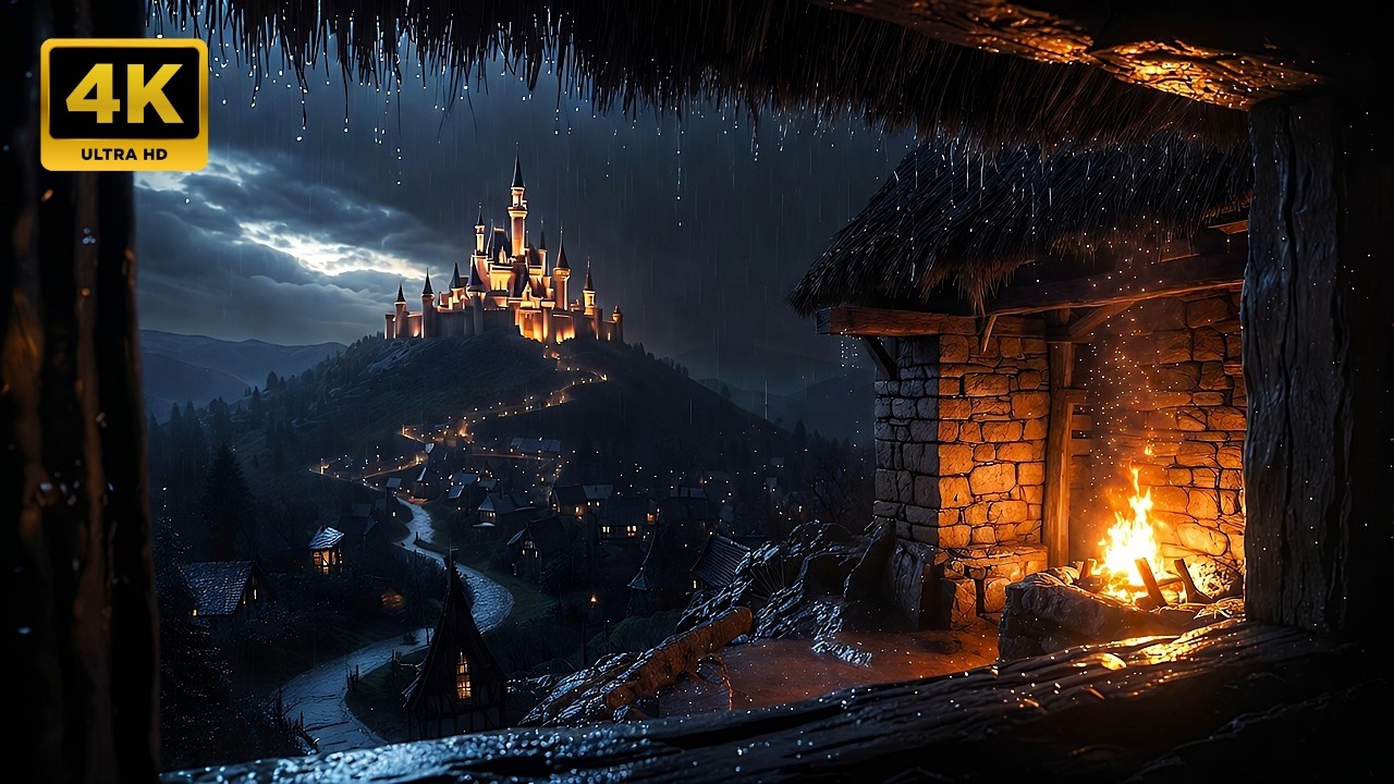 Rainy Night in a Medieval Shelter | Crackling Fire & Gentle Rain Sounds 3 Hours