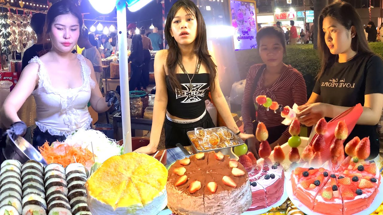 Best Cambodian Street Food Tour at Night Market - Delicious Spicy Papaya Salad, Kimbab, Cake & More