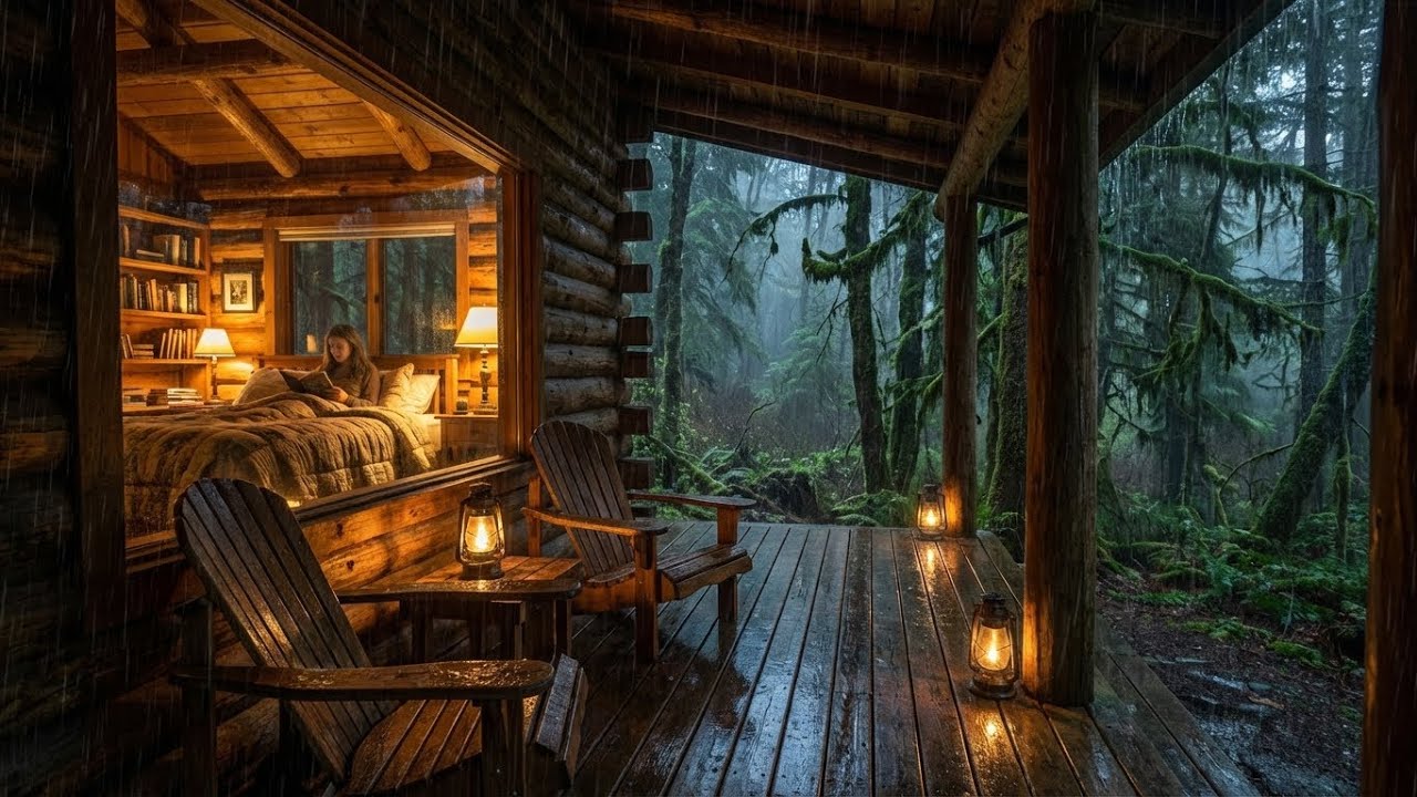Pure Healing: Rain at Night & Soft Piano in Cozy Cabin with Warm Lights for Dreaming 🌧️