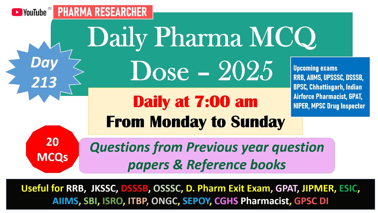 Day 213 Daily Pharma MCQ Dose Series 2025 II 20 MCQs II 