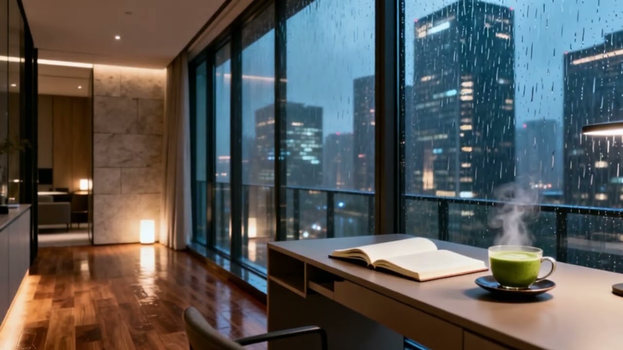 Smooth Night Rain Luxury Penthouse Skyline | Study & Focus Ambience