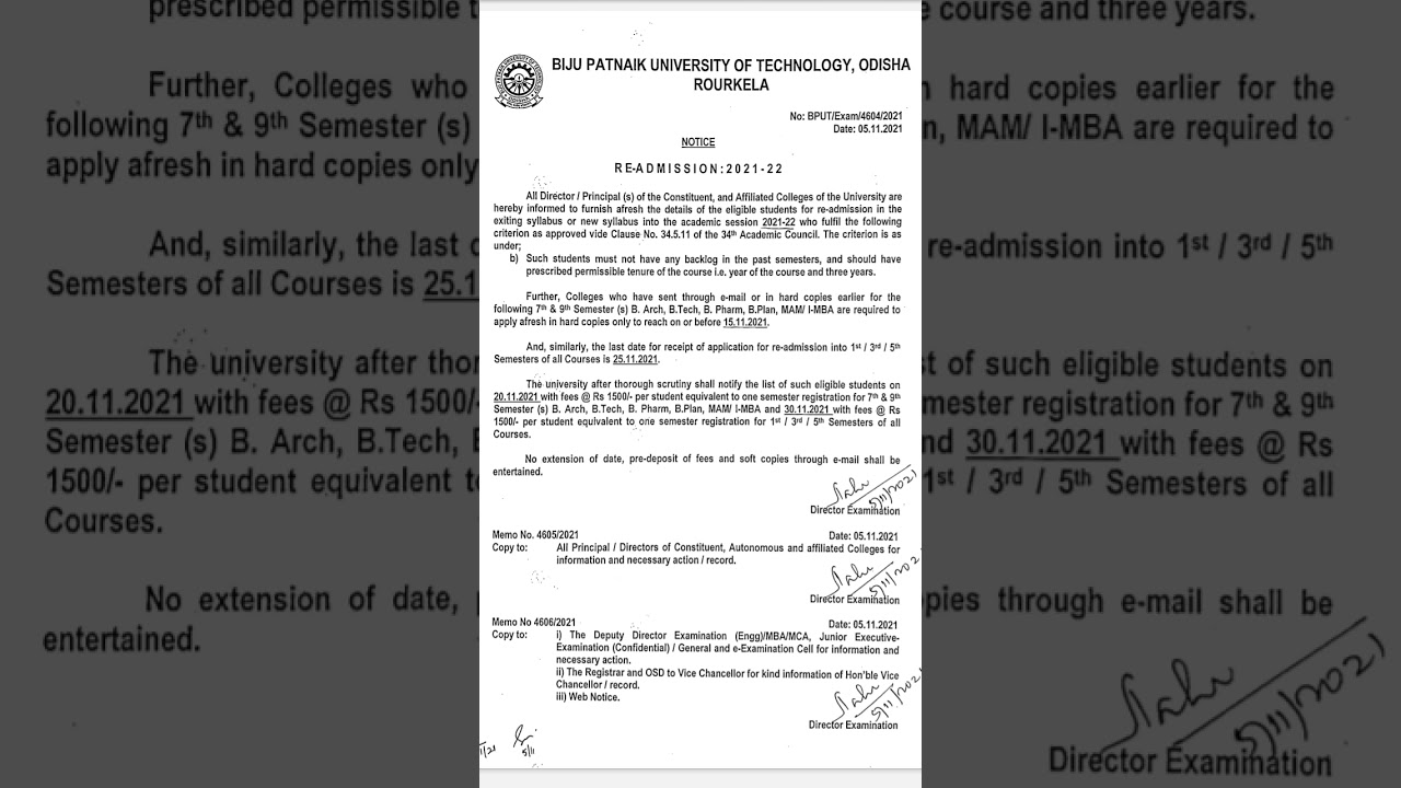 BPUT Latest Notice for Re-Admission 2021-2022