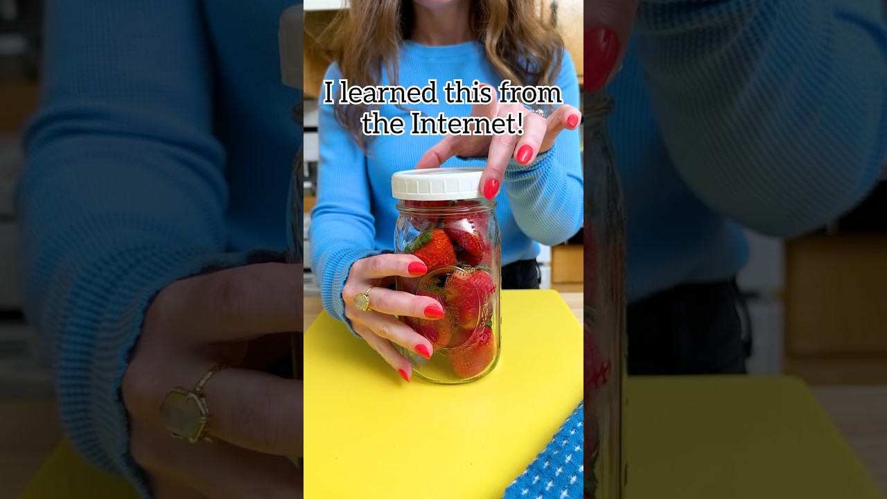 Make strawberries last longer by storing unwashed in a glass jar! #strawberry #berries #Grocery