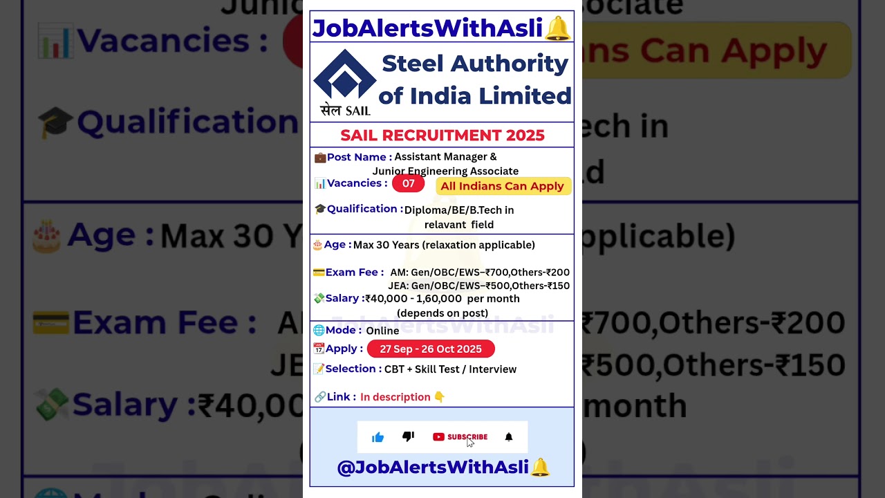 📢SAIL Recruitment 2025 | 07 Vacancies | Assistant Manager & Junior Engineer | Apply Online #Ep136