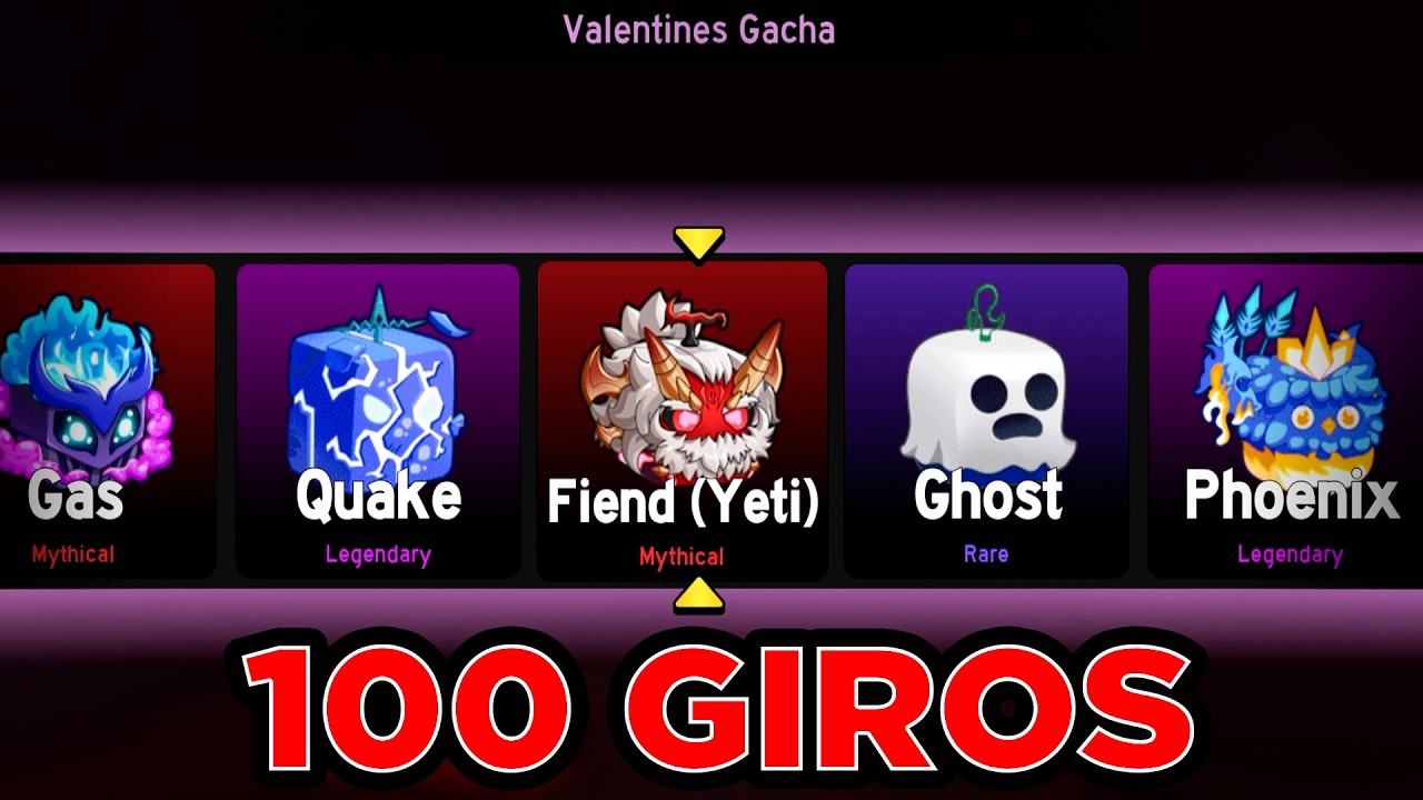 GIREI 100 VEZES NO GACHA DO VALENTINE'S DAY ATÉ PEGAR A YETI FIEND NO BLOX FRUITS!