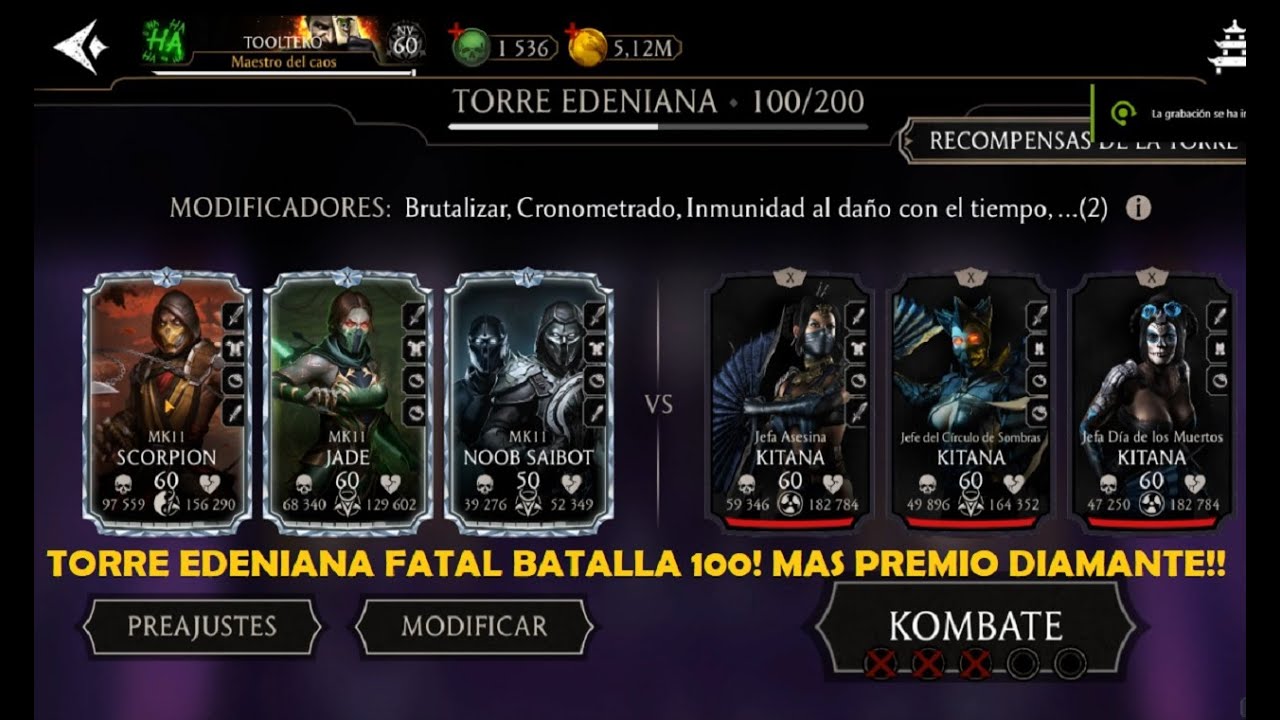 MORTAL KOMBAT MOBILE TORRE EDENIANA FATAL BATALLA 100!! CUARTA VUELTA!!!  MAS BUEN PREMIO DIAMANTE!!