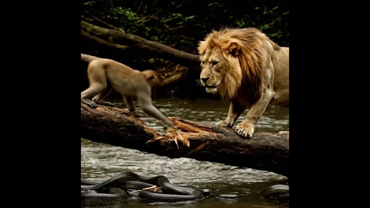 Monkey and lion in a dangerous situation #monkey #animal #lion