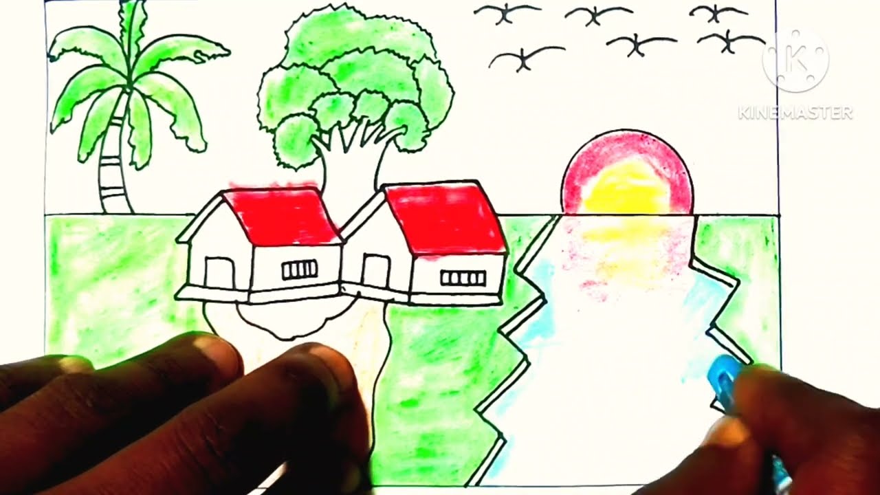 KOLAY Sapkali KIZ Sunset circle scenery drawing ll Easy coloring step by step circle scenery panting