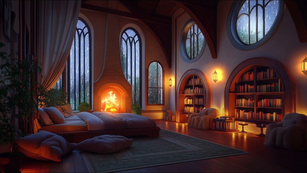 Thunderstorm Serenity - Rain and Fireplace Sounds in this Cozy Castle Room