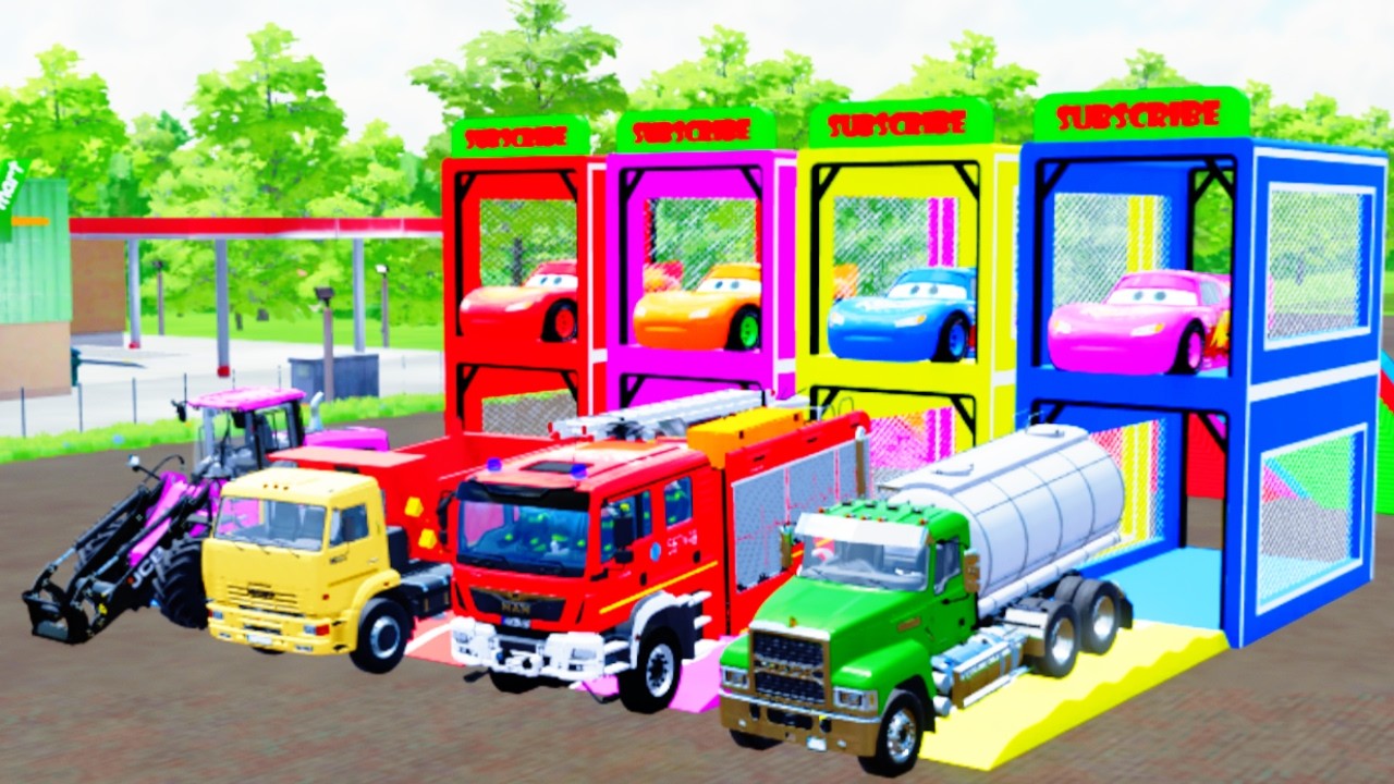 Garage with Colors - ALL MIXER TRUCK WITH DOUBLE FLATBED TRAILER TRUCK, MERCEDES, POLICE - FS22 #777