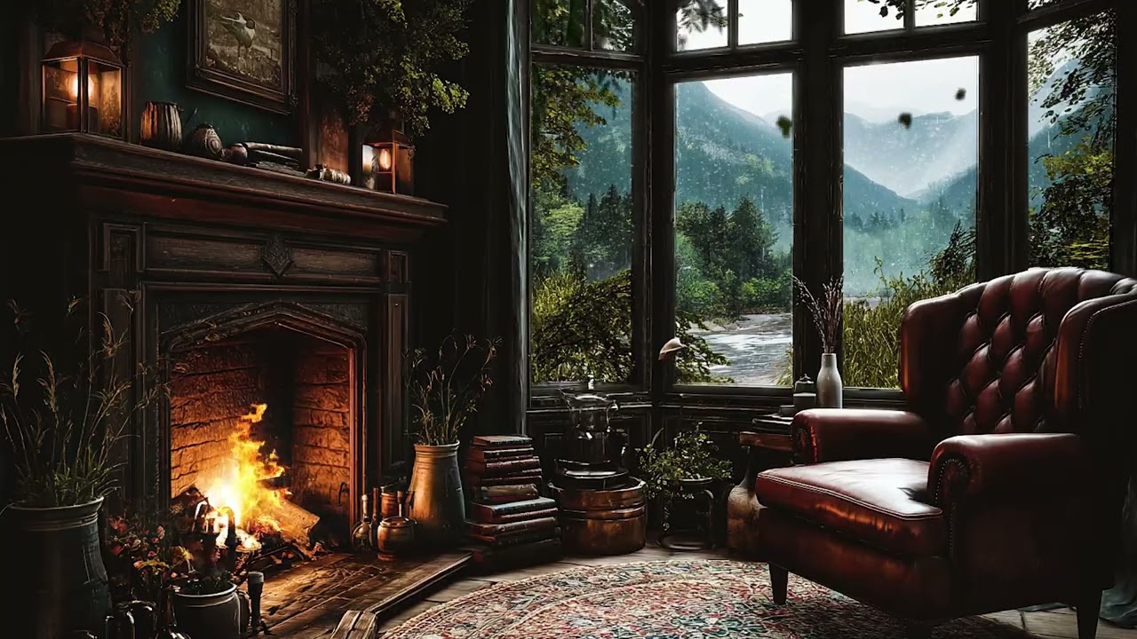 Cozy Scottish Library: Rain Sounds, Soft Piano & Fireplace for Deep Relaxation