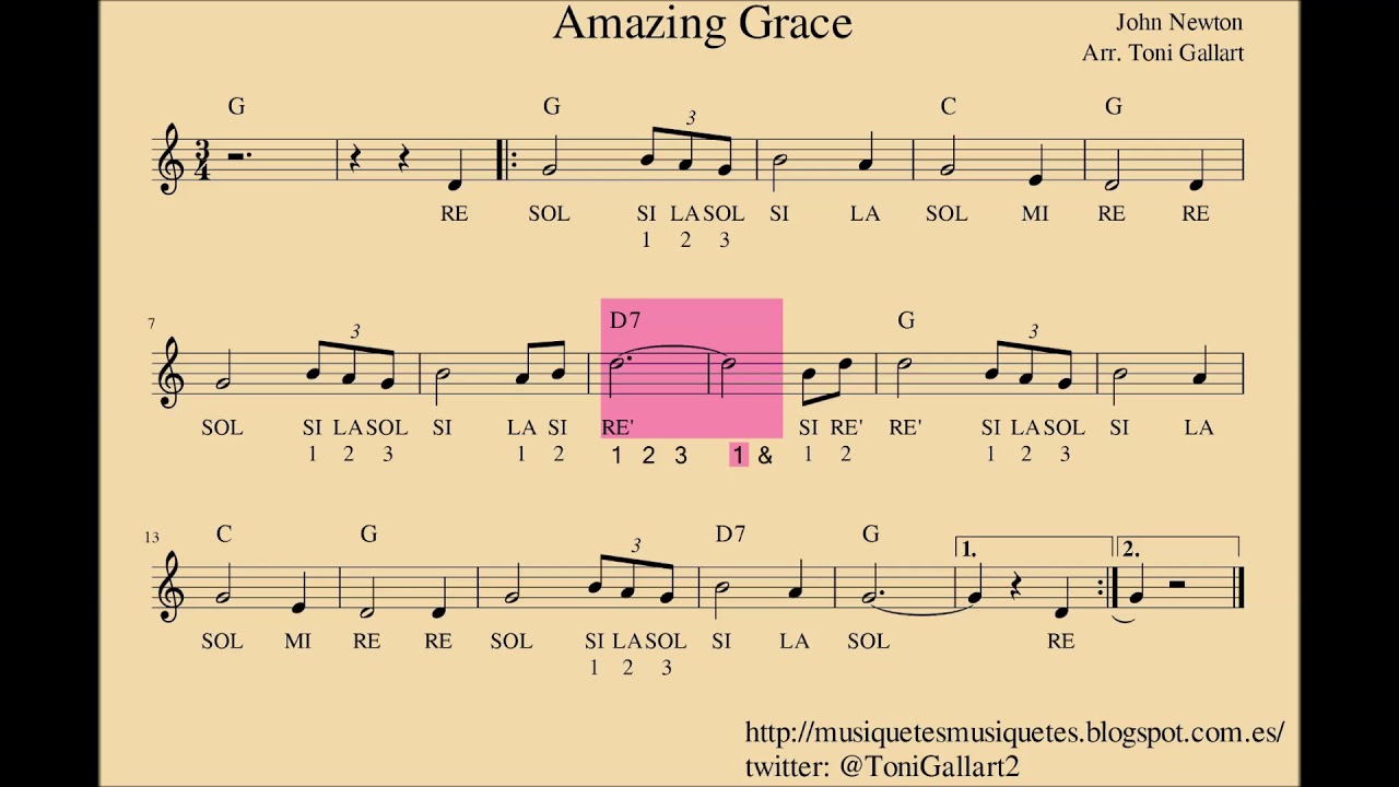 Amazing Grace.  Partitura flauta, violín, oboe,... + audio. SI melodía. C instruments.
