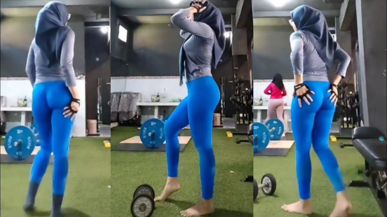 Hijab Style Try On Blue Legging Gym Outfit Olah Raga Wanita Bahan Tipis