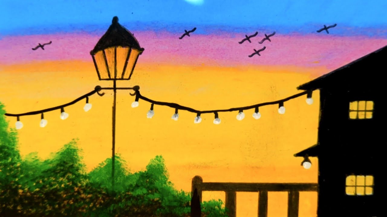 How to Draw a Beautiful Sunset Evening Scenery Drawing | Street Lamp & House Landscape Art Drawing 
