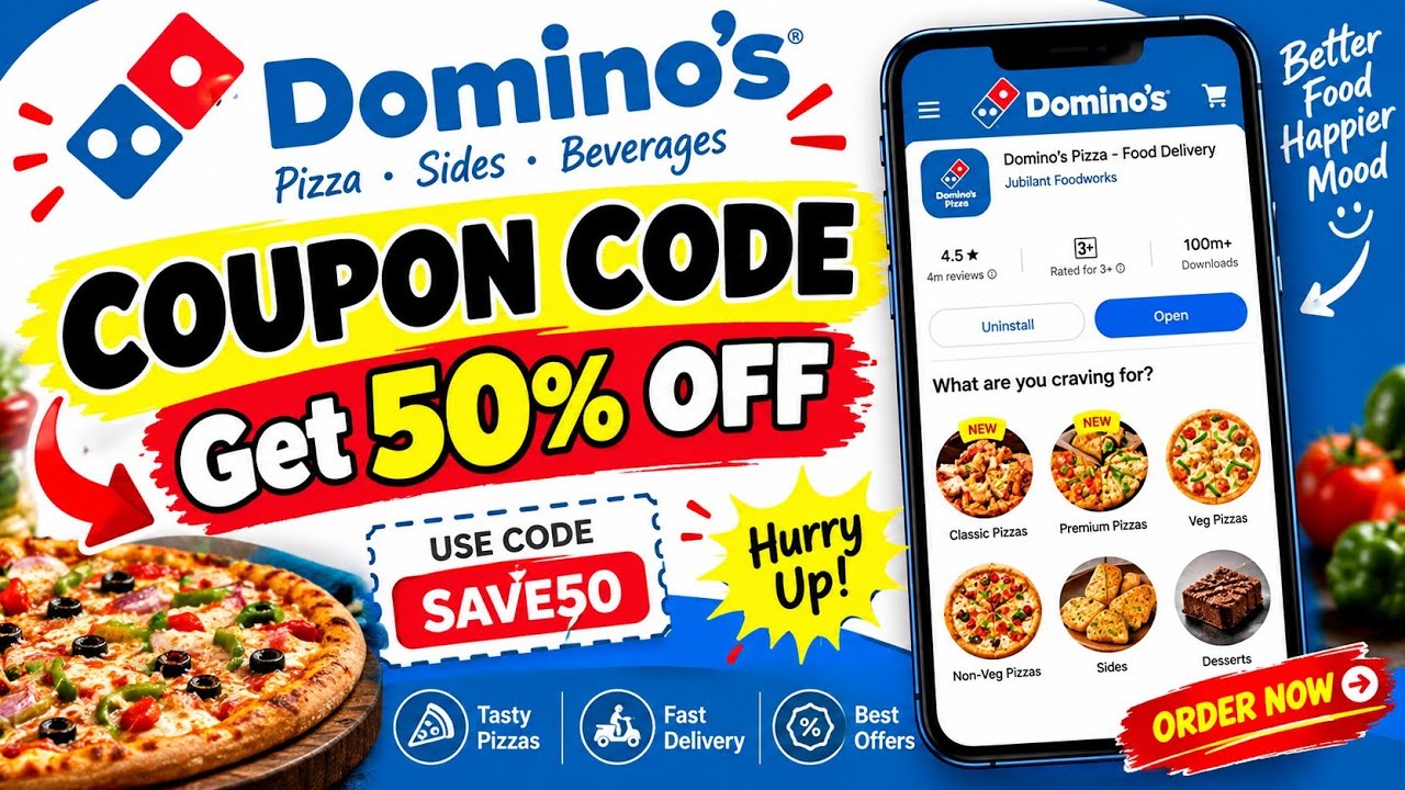 Domino's Coupon Code Today | 50% Off Domino's Coupon Code 2026 New Coupons Coupon Code