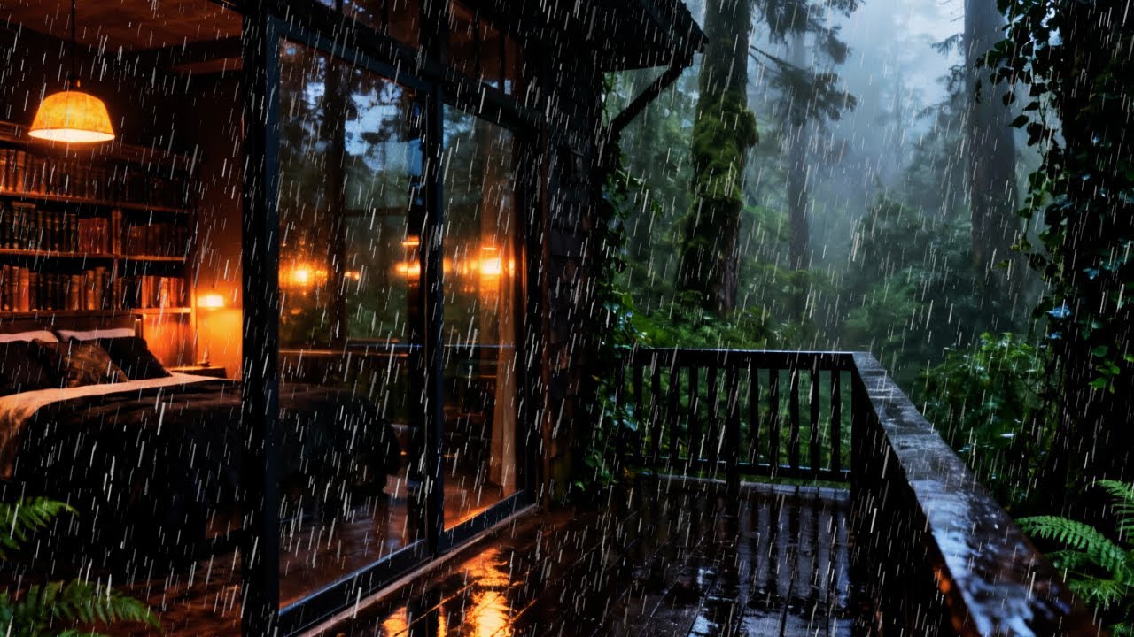 Rain Sounds for Sleeping - ASMR Extreme Rain On Cabin Forest for Chronic Insomnia Relief