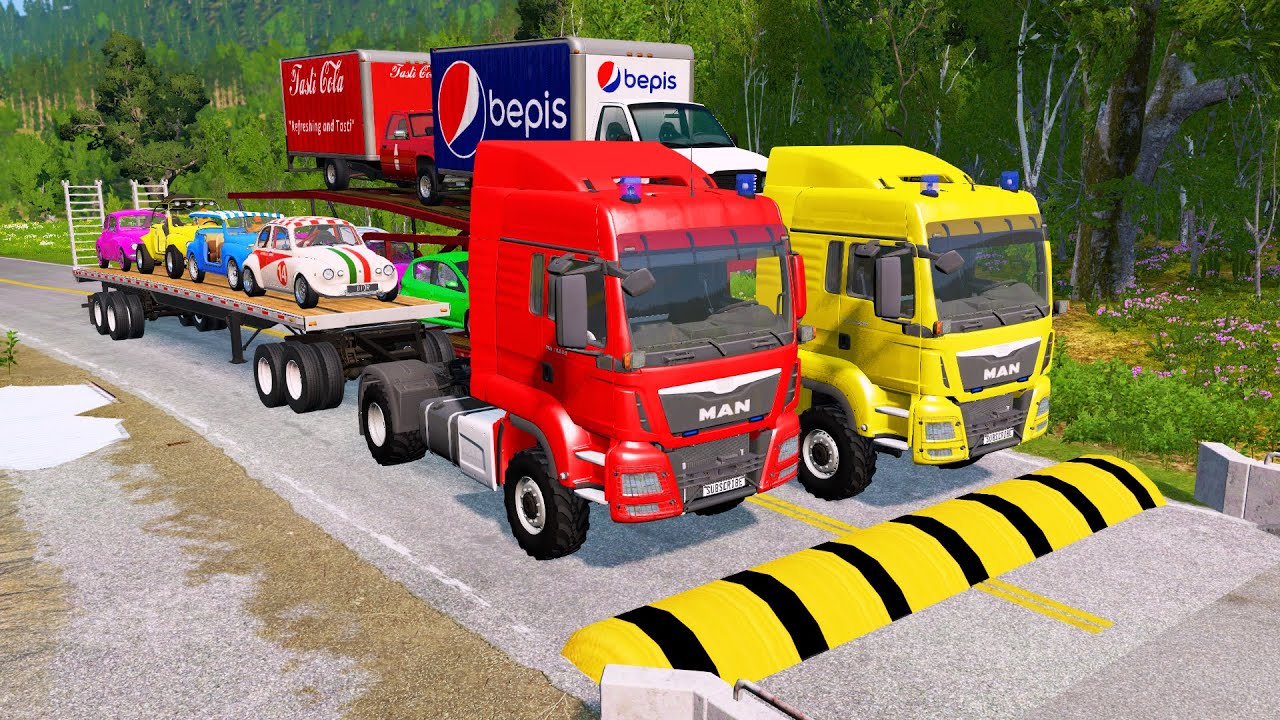 Double Flatbed Trailer Truck vs Speedbumps Train vs Cars Beamng.Drive